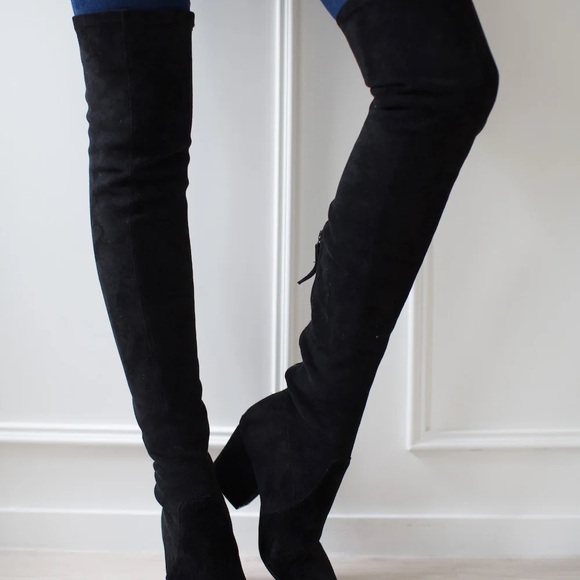 'Ellis' Black Classic Over The Knee Suede Leather Boots - Picture 3 of 5